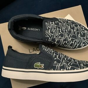 New Lacoste Child’s Navy Slip-On Gazon 318 Canvas Loafer White Croc Print 12 $65
